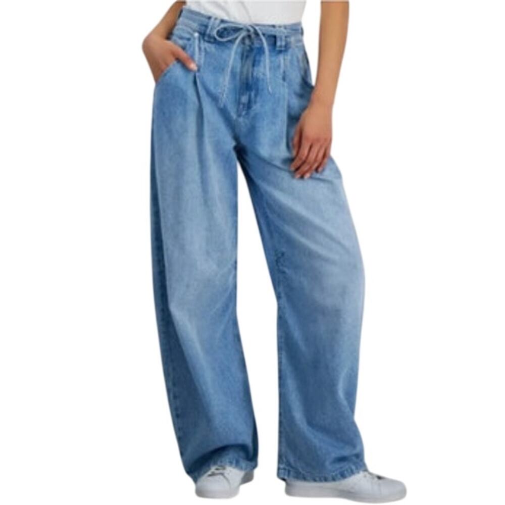 HUGO BOSS Women's Pleated Barrel-Leg Belted Jeans in Medium Navy Wash